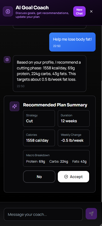 AI Goal Coach chat recommending a cutting phase with calories and macros