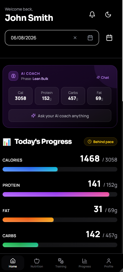 Fuel & Forge dashboard showing today's calories, macros, and AI coach