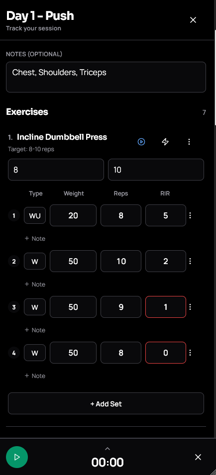 Workout logging screen tracking sets, reps, and weight